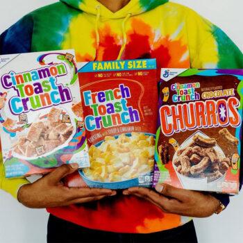 Instagram post featuring a boy holding 3 boxes of Cinnamon Toast Crunch Cereal. - Link to social post