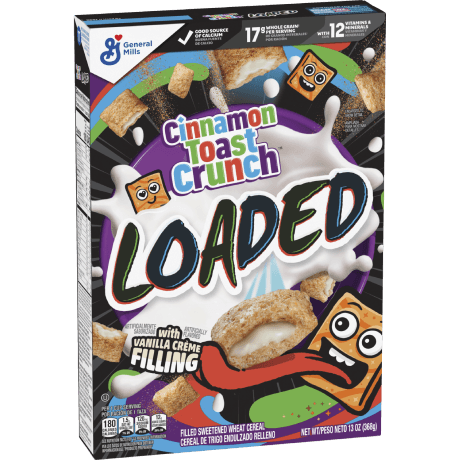 Cinnamon Toast Crunch Loaded with Vanilla creme filling cereal, front of the package