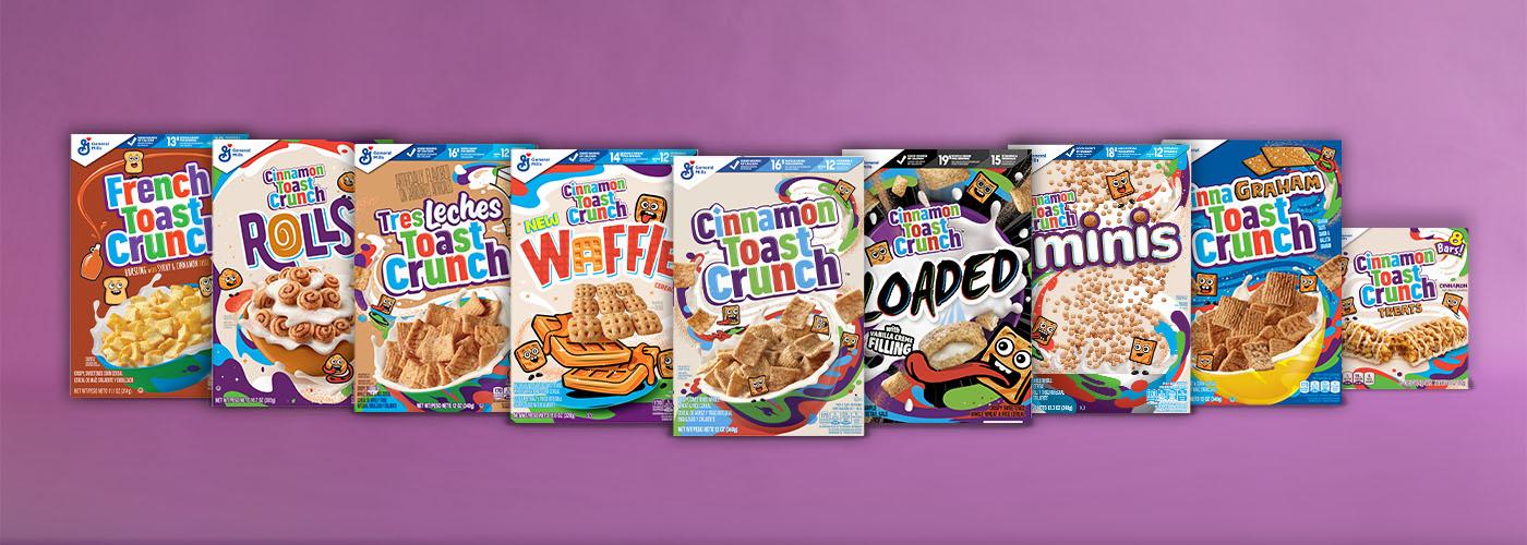 A range of Cinnamon Toast Crunch's cereal flavors with the original flavor out front. The others flank the original on either side in cascading positions.
